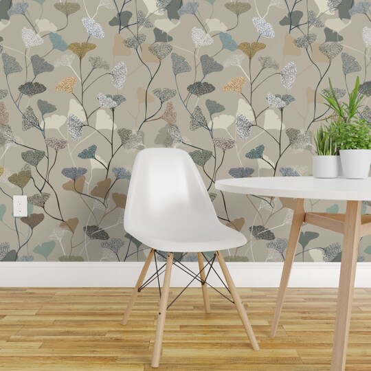 Non-Pasted Wallpaper 2FT Wide Neutral Calm Ginkgo Boho Leaves Earth Tones Serene Tan Vines Scandi Nature Japandi Traditional Wallpaper by Spoonflower